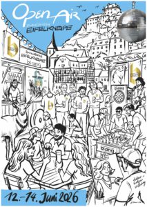 blanq Open-Air-Eifelkneipe in Blankenheim. Illustration von Helge Windisch